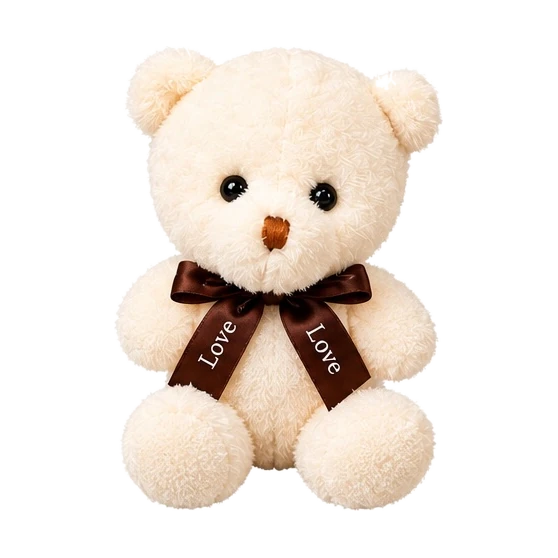 A small cream teddy bear keychain with a brown Love ribbon